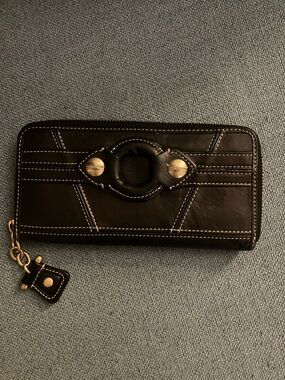 Juicy Couture Black Leather Zip Around Wallet with Gold Details